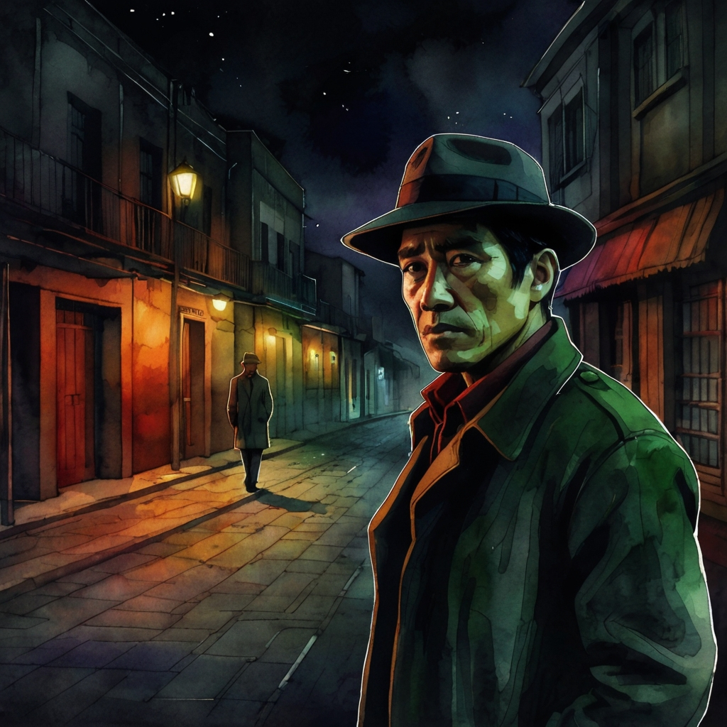 Zeichnung eines Detektivs auf Straße im Film-Noir-Stil; Detektei Nürnberg, Detektiv Aschaffenburg, Detektivagentur Fürth