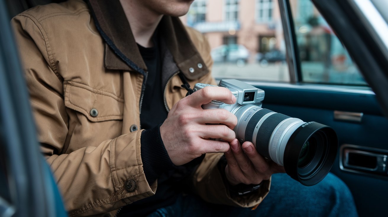 Detektiv mit Kamera im Auto; Detektivagentur Nürnberg, Detektivbüro Nürnberg, Wirtschaftsdetektei Nürnberg, Privatdetektei Nürnberg