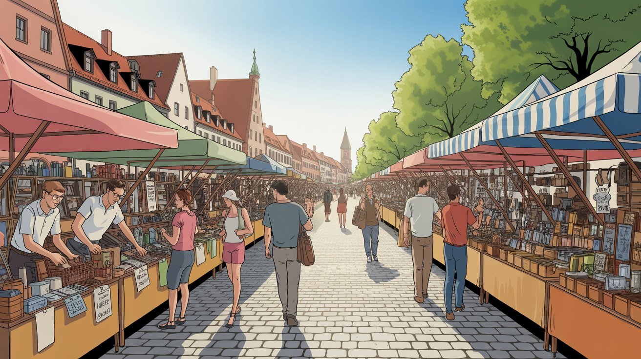 Flohmarktszene in Süddeutschland, Comic-Stil; Detektiv aus Nürnberg, Detektei aus Nürnberg, Privatdetektiv aus Nürnberg, Privatdetektei aus Nürnberg