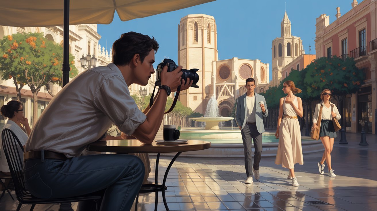 illustrierte Szene mit Privatdetektiv vor der Kathedrale von Valencia (Spanien); Detektivagentur Valencia (Spanien), Privatermittler Valencia (Spanien), Privatdetektei Valencia (Spanien), Wirtschaftsdetektiv Valencia (Spanien)