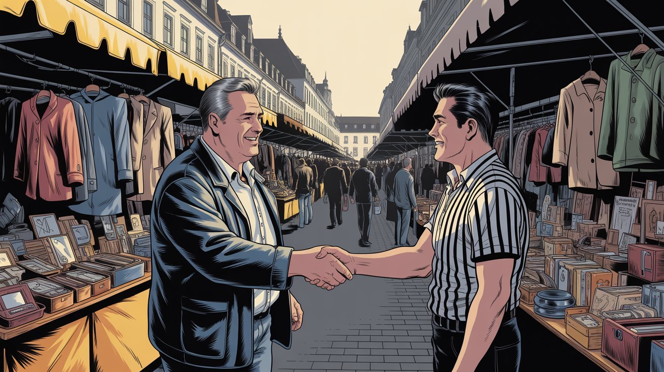 zwei Männer schütteln sich auf einem Flohmarkt die Hände und lächeln sich an, Comic-Stil; Detektei in Bamberg, Detektiv in Bamberg, Privatdetektiv in Bamberg, Detektivagentur in Bamberg