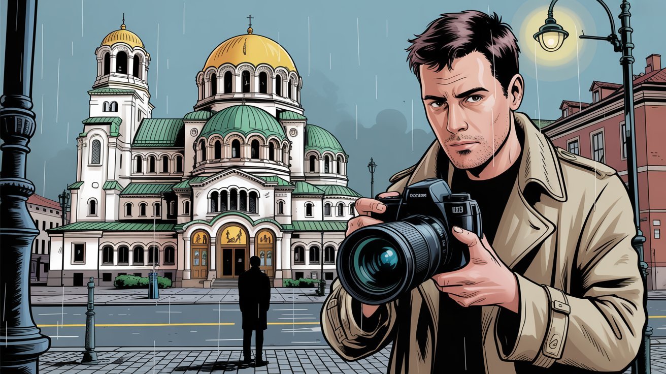 Comic-Detektiv mit Kamera vor Alexander-Newski-Kathedrale in Sofia, Bulgarien; Detektei Bulgarien, Privatdetektiv Bulgarien, Wirtschaftsdetektei Bulgarien, Detektivbüro Bulgarien