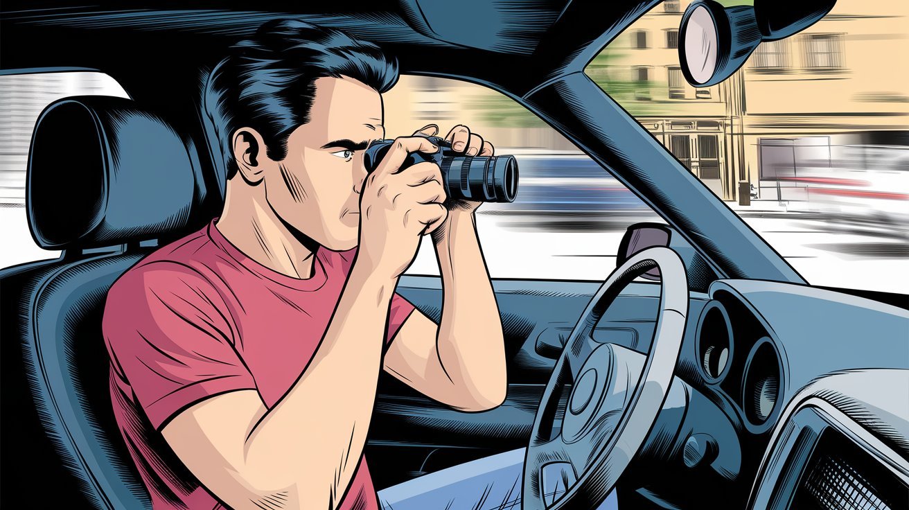 Comic-Privatdetektiv im Auto; Privatermittler in der Oberpfalz, Detektivagentur in der Oberpfalz, Detektivteam in der Oberpfalz, Wirtschaftsdetektiv in der Oberpfalz
